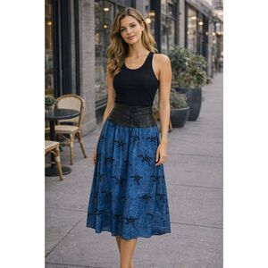 Vintage 80's Bellino Paris Mode Midi Blue Silk Skirt Leather Waist Full 6